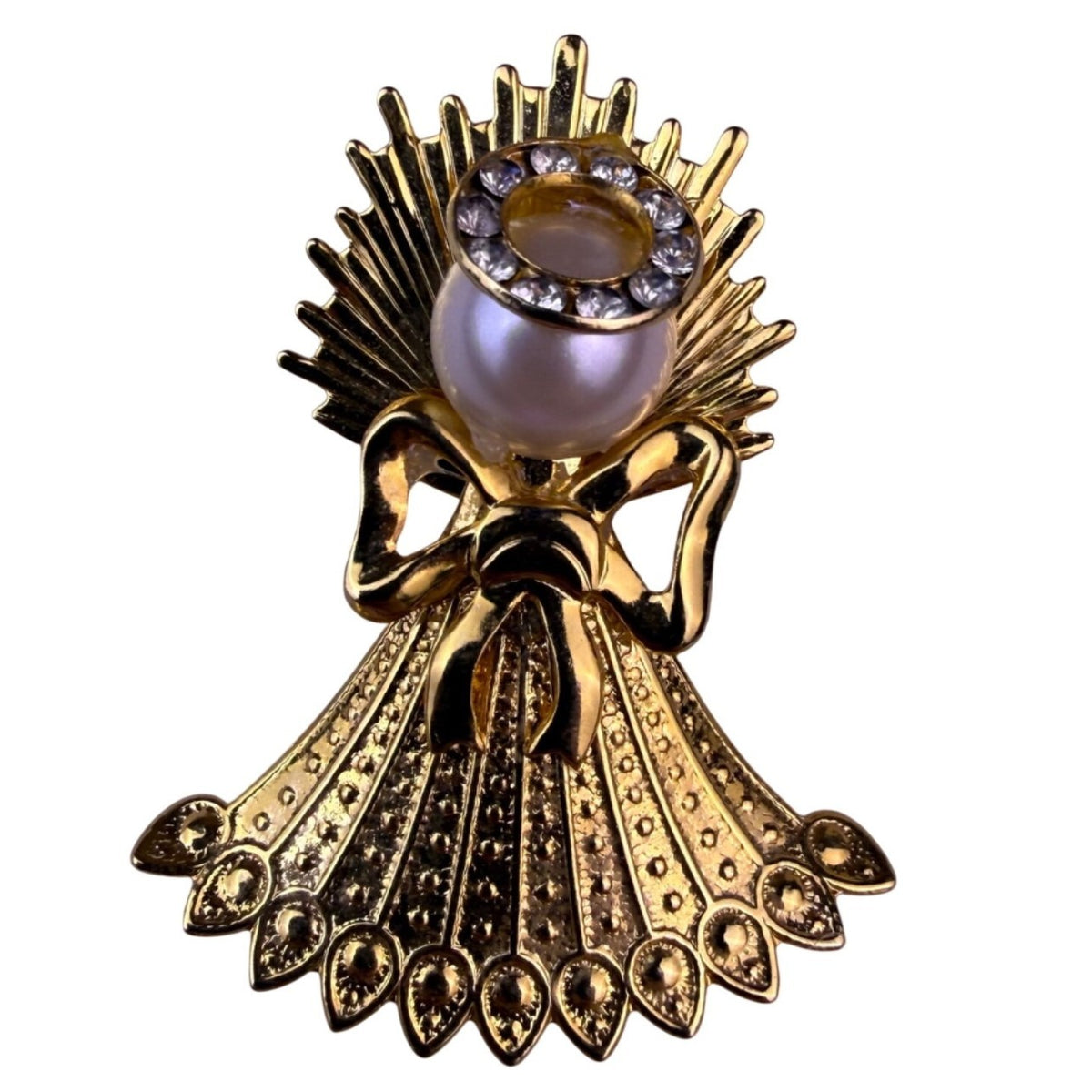 Vintage Gold Tone Angel Brooch Faux Pearl Rhinestone Accents Elegant Accessory