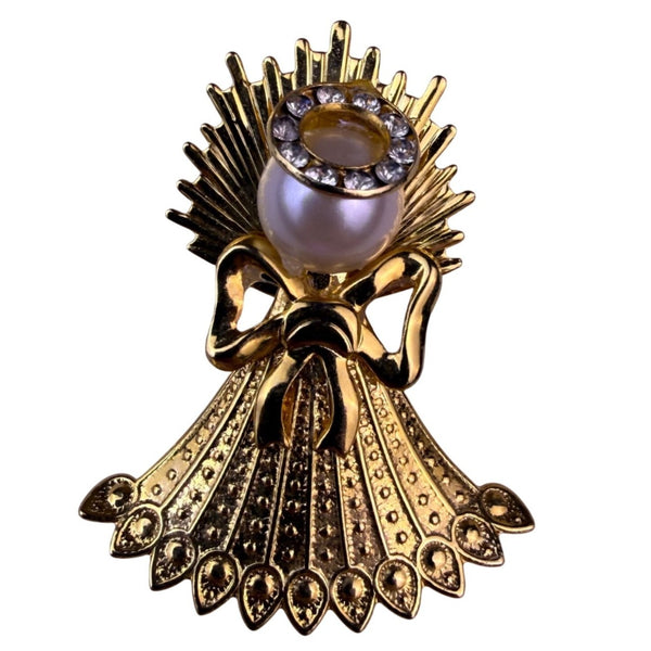 Vintage Gold Tone Angel Brooch Faux Pearl Rhinestone Accents Elegant Accessory