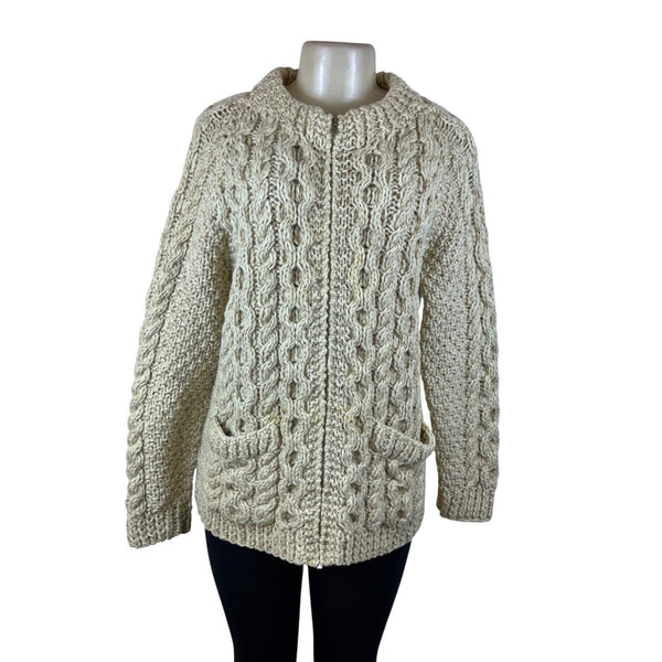 Vintage Andion Women's Cream Wool Knit Sweater Cardigan Open Front Pockets
