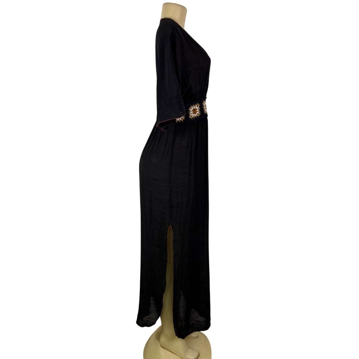 Cupshe Womens Black V-Neck Maxi Dress Daisy Embroidered Waist Short Sleeves Sz S