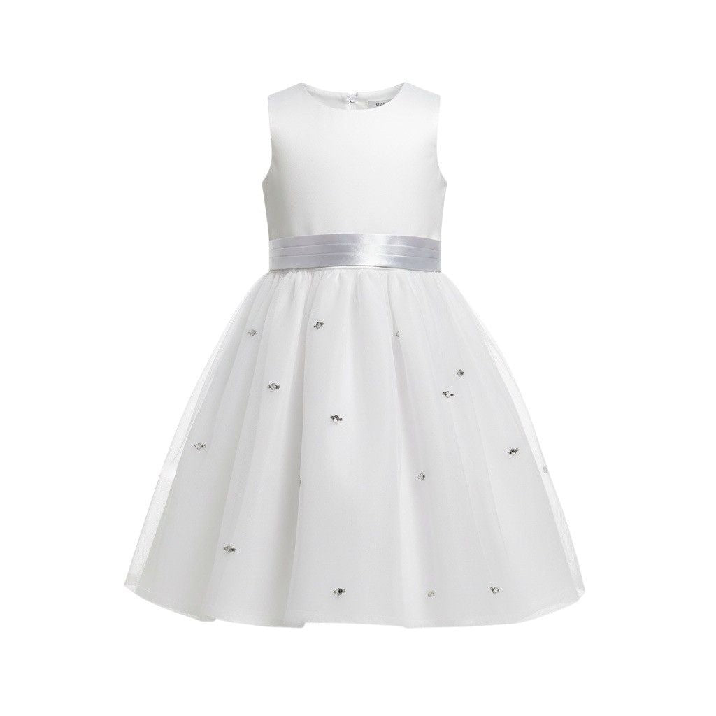US Angels Girls White Satin Dress W Silver Embellished Tulle Skirt & Bow Size 14