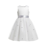 US Angels Girls White Satin Dress W Silver Embellished Tulle Skirt & Bow Size 14