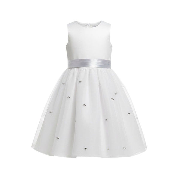 US Angels Girls White Satin Dress W Silver Embellished Tulle Skirt & Bow Size 14
