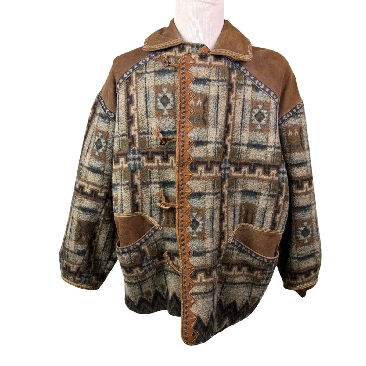 Carlos Ibanez Mens Brown Wool & Suede Western Toggle Coat Vintage Design Sz 54