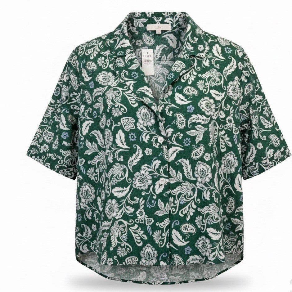 Loft Womens Green Floral Lyocell Short-Sleeve Button-Up Shirt Size XL