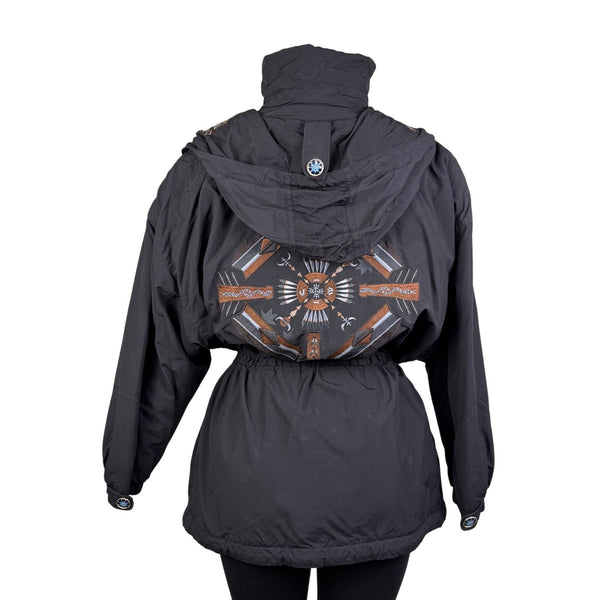 Bogner Womens Black Nylon Embroidered Hooded Jacket Stylish Winter Coat Size 12