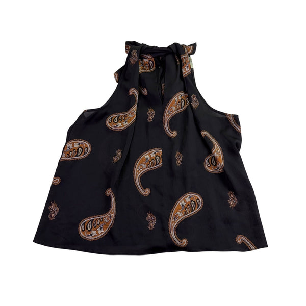 Rygrass Womens Black Paisley Tie-Neck Sleeveless Blouse Sz XL