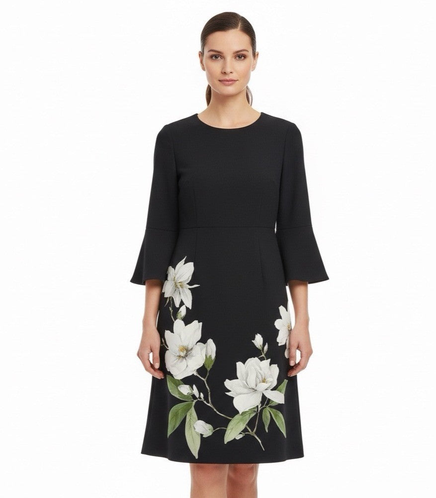 Hobbs Womens Navy Floral Print Bell Sleeve Dress Size US 4