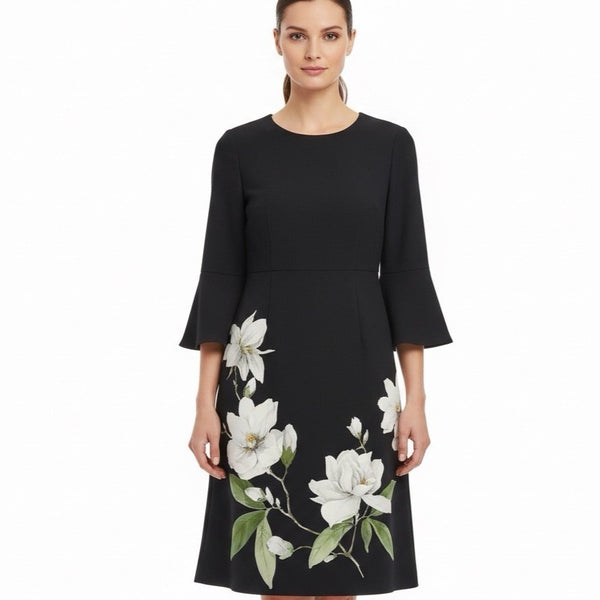 Hobbs Womens Navy Floral Print Bell Sleeve Dress Size US 4