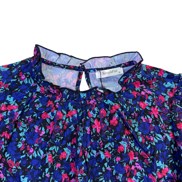 Simplefun Womens Blue Floral Blouse With Ruffled Sleeves Size M