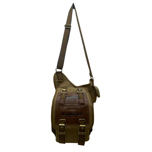Kaukko Unisex Brown Canvas & Leather Adjustable Crossbody Strap Messenger Bag