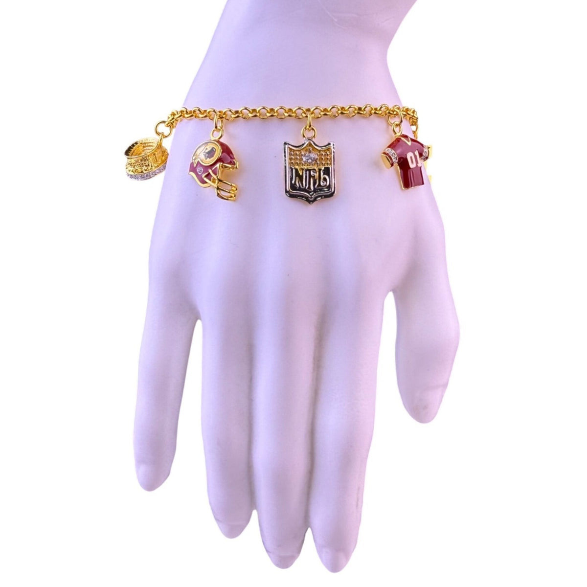 Danbury Mint Womens Gold Tone Football  Bracelet Washington Redskins Charms