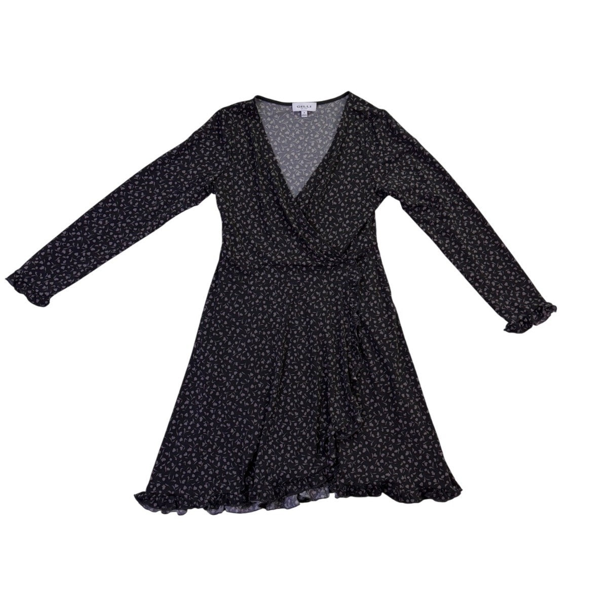 Gilli Womens Black Floral Wrap Dress Long Sleeve Midi Length Ruffle Hem Size M
