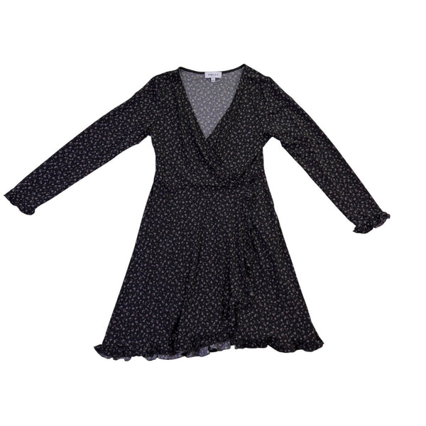 Gilli Womens Black Floral Wrap Dress Long Sleeve Midi Length Ruffle Hem Size M