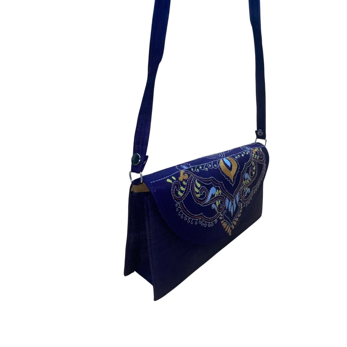 Embroidered Shoulder Bag Women Blue Fabric Fold-Over Clutch Adjustable Strap
