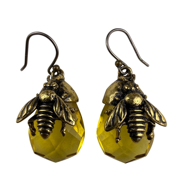 Antique Brass-tone Womens Honeybee Jewelry Set Necklace & Earrings Yellow Glass
