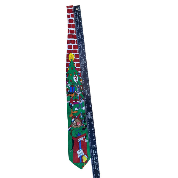 Looney Tunes Mens Green Christmas Holiday Neck Tie Tweety & Sylvester Print