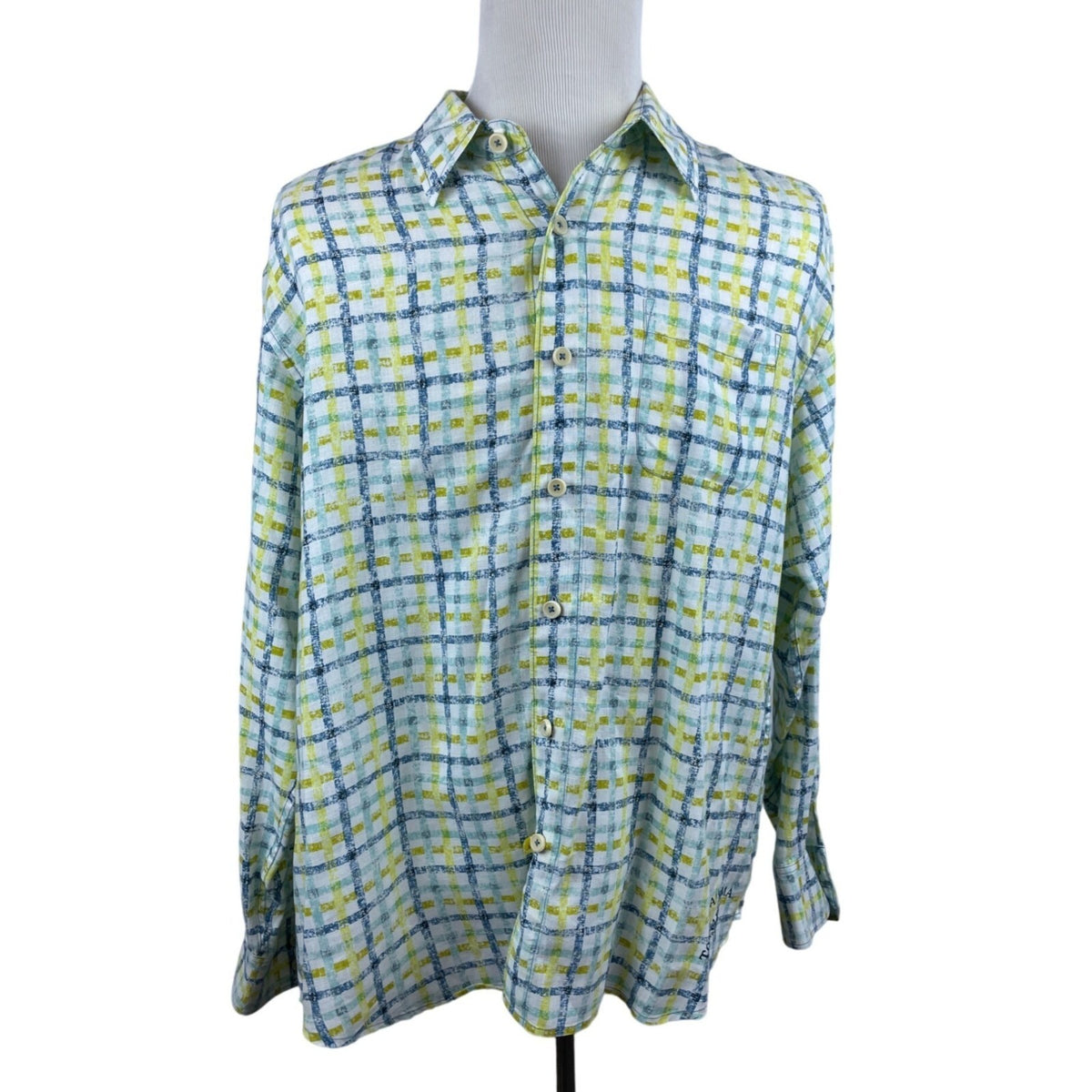 Tommy Bahama Men's Green Plaid Relaxed Linen Button Up Shirt  Shirt Sz XL