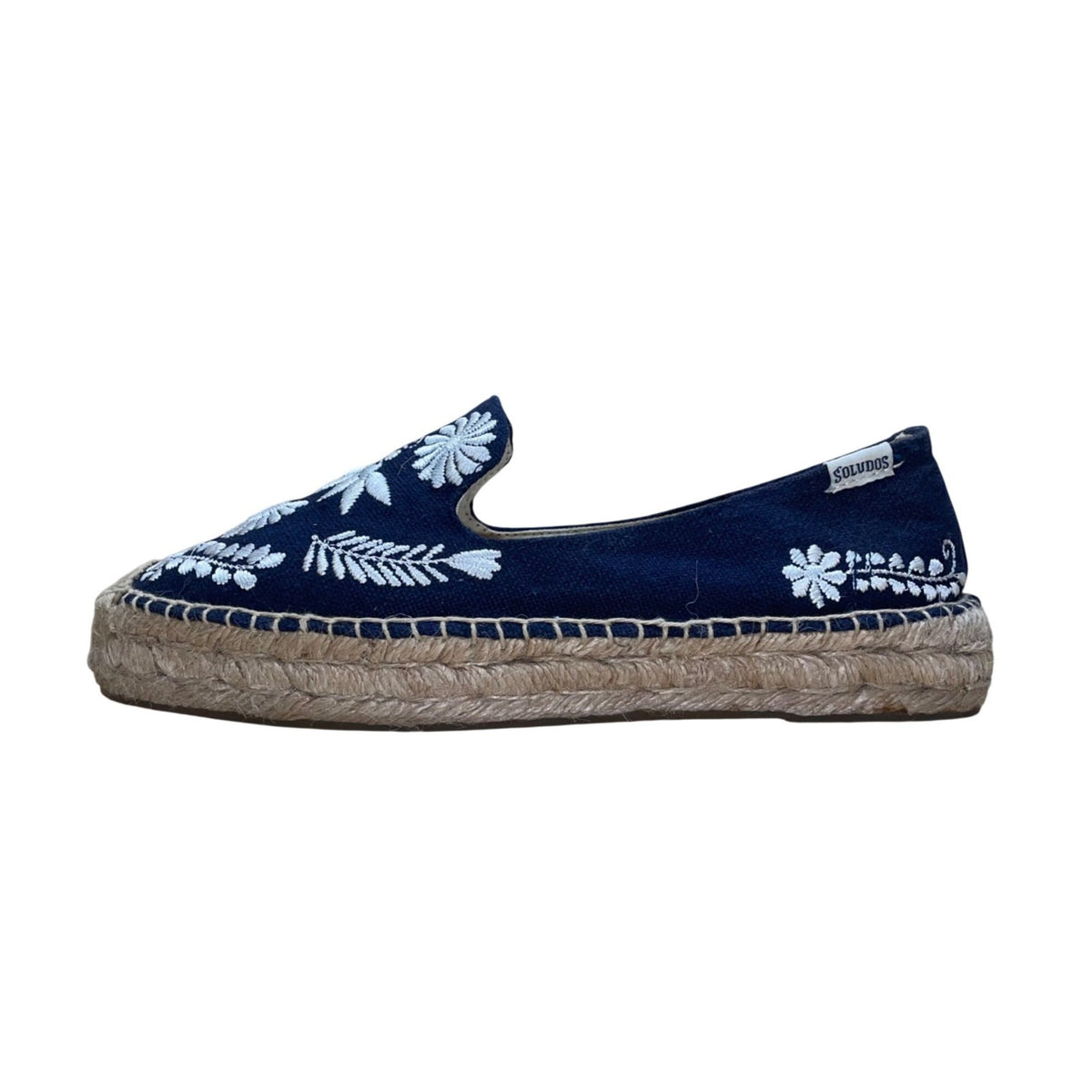 Soludos Women’s Blue Jute White Embroidery Slip-On Espadrilles Shoes Size 8