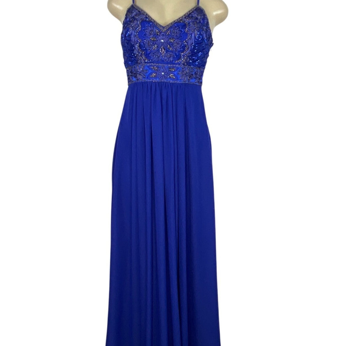 Sue Wong Royal Blue Beaded Maxi Dress With Spaghetti Straps & V-Neckline Size 2