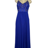 Sue Wong Royal Blue Beaded Maxi Dress With Spaghetti Straps & V-Neckline Size 2