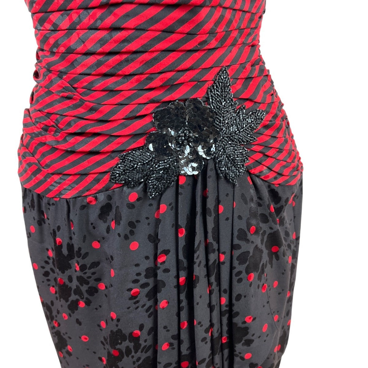 Vintage A.J. Bari Strapless Red & Black Striped Polka Dot Dress Size 4