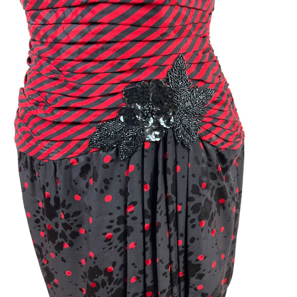 Vintage A.J. Bari Strapless Red & Black Striped Polka Dot Dress Size 4