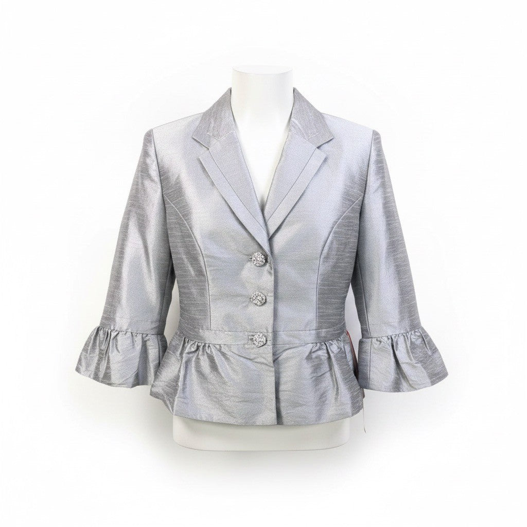 JS Collections Womens Silver Ruffled Peplum Blazer Jacket Size 8