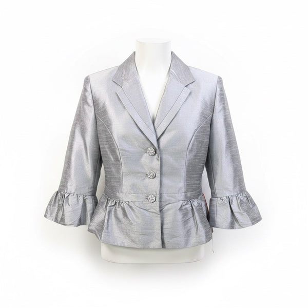 JS Collections Womens Silver Ruffled Peplum Blazer Jacket Size 8