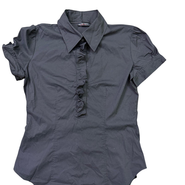 New York & Company Womens Black Ruffle Front Short Sleeve Blouse Sz S