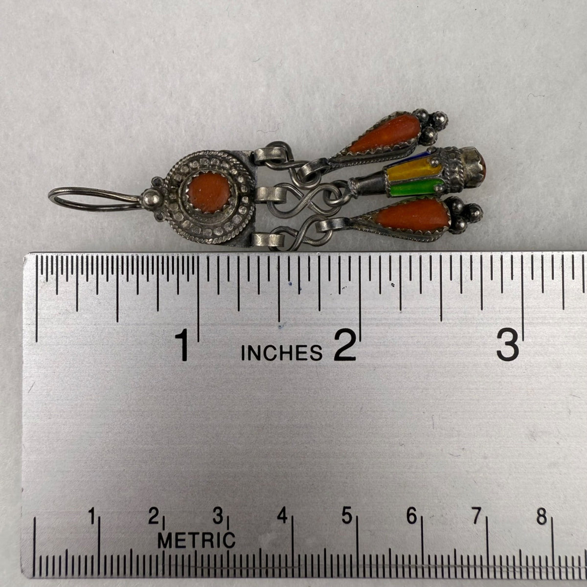 Vintage Kabyle Tribal Silver Dangle Earrings Orange Glass & Enamel