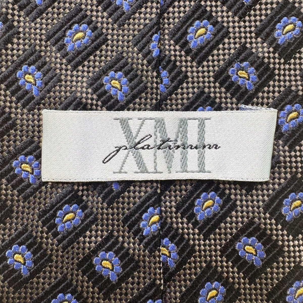 XM Platinum All Silk Handmade Tie Black With Blue Floral Pattern Made In USA