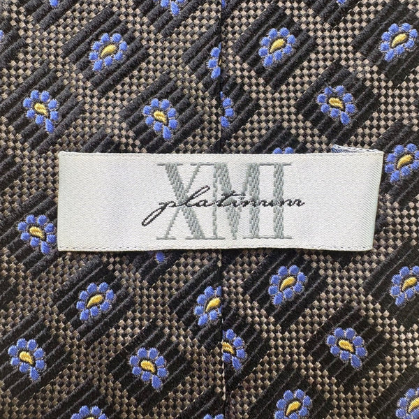 XM Platinum All Silk Handmade Tie Black With Blue Floral Pattern Made In USA