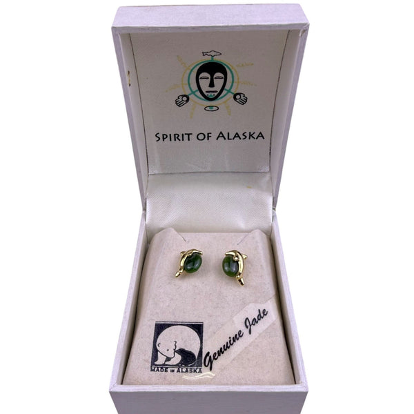 Spirit Of Alaska Womens Gold Tone & Jade Dolphin Earrings Gift Box 
