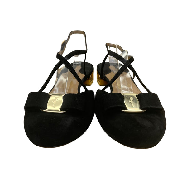 Salvatore Ferragamo Women’s Black Suede Bow Gold Accent Heel Sandals Size 10B