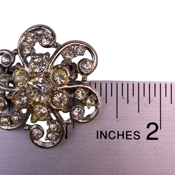 Vintage Unknown Silver Tone Floral Rhinestone Brooch Pin Jewelry