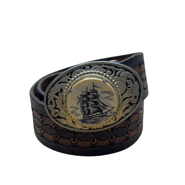 Brown Leather Mens Embossed Belt W/ Gold Oval Ship Engraved Buckle