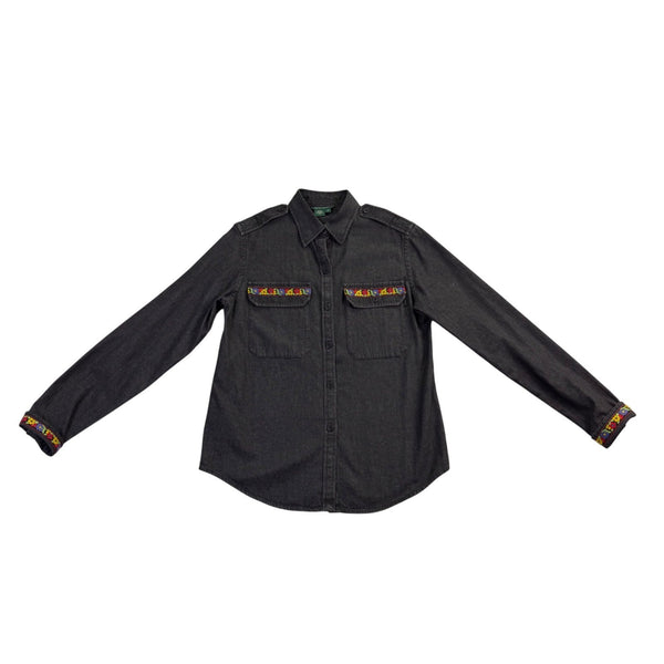 Lauren Ralph Lauren Womens Long Sleeve Button-Up Shirt W/ Embroidered Sz S
