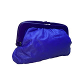Made In Italy Genuine Leather Women's Blue With Hard Frame Textured Clutch Bag