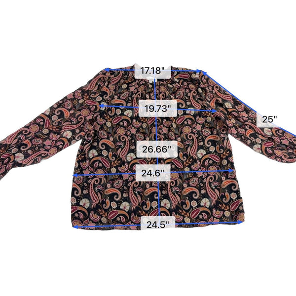 Loft Womens Black & Pink Paisley Print Long Sleeve Smocked Top Size XL