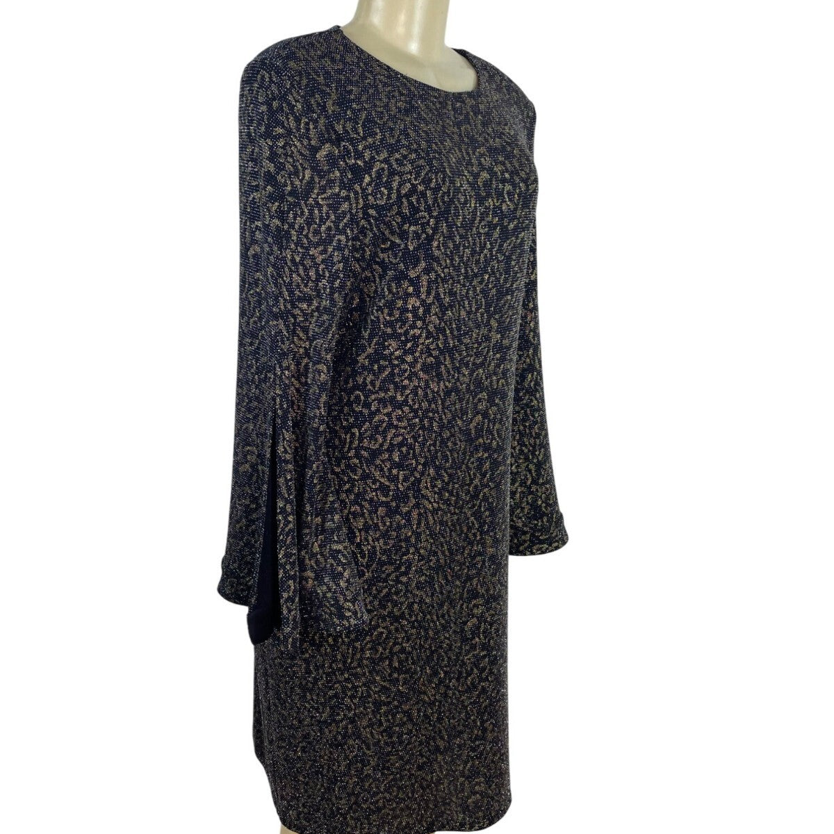 MSK Womens Metallic Knit Bell Sleeve Dress Black/Gold Keyhole Back Sz L - New