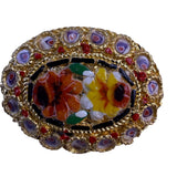 Italian Micro Mosaic Gold Tone Brooch Floral Design Oval Shape Various Metal