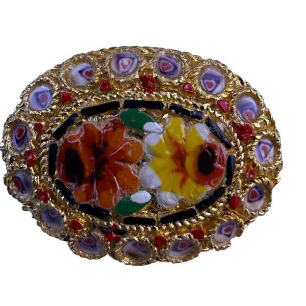 Italian Micro Mosaic Gold Tone Brooch Floral Design Oval Shape Various Metal