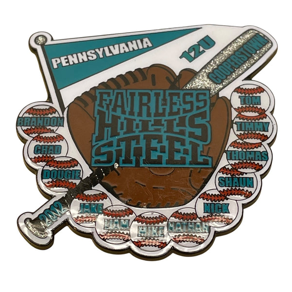 Fairless Hills Steel 12U Pennsylvania Baseball Trading Pin With Glitter Accents.