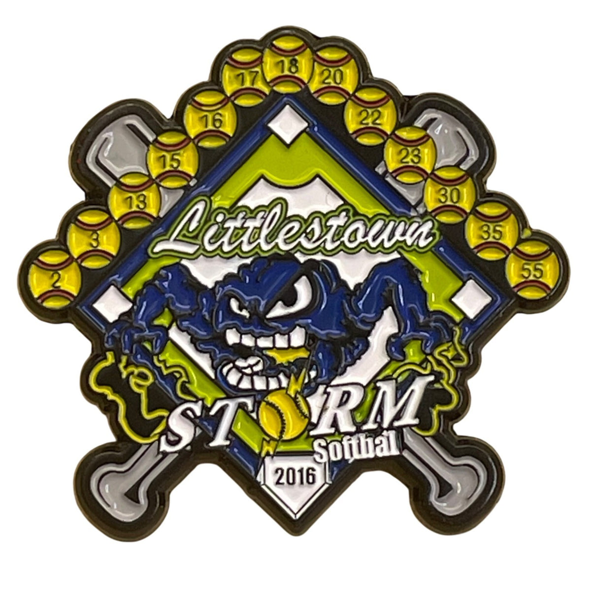 Littlestown Storm 2016 Softball Trading Pin With Yellow Numbers & Crossed Bats D