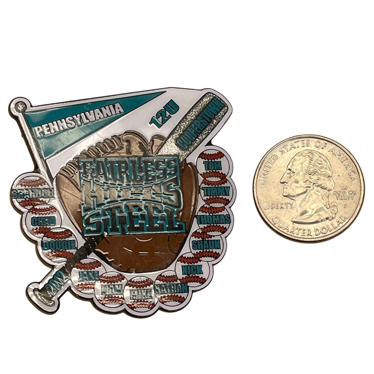 Fairless Hills Steel 12U Pennsylvania Baseball Trading Pin With Glitter Accents.