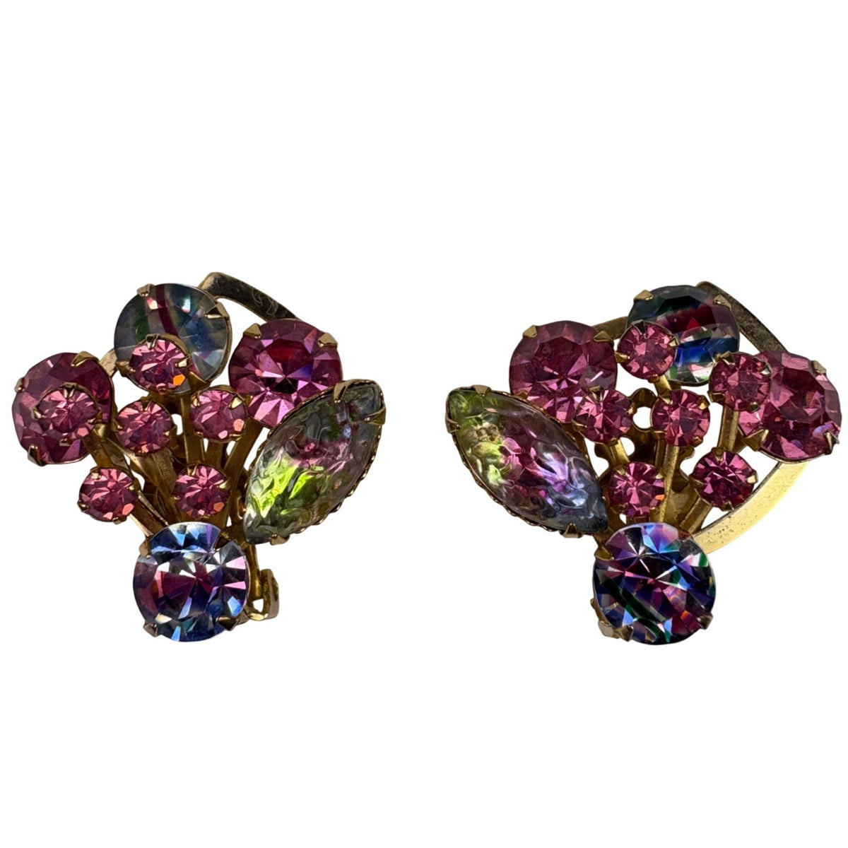 Vintage Juliana Womens Rainbow Rhinestone Clip-On Earrings Gold Tone Glas