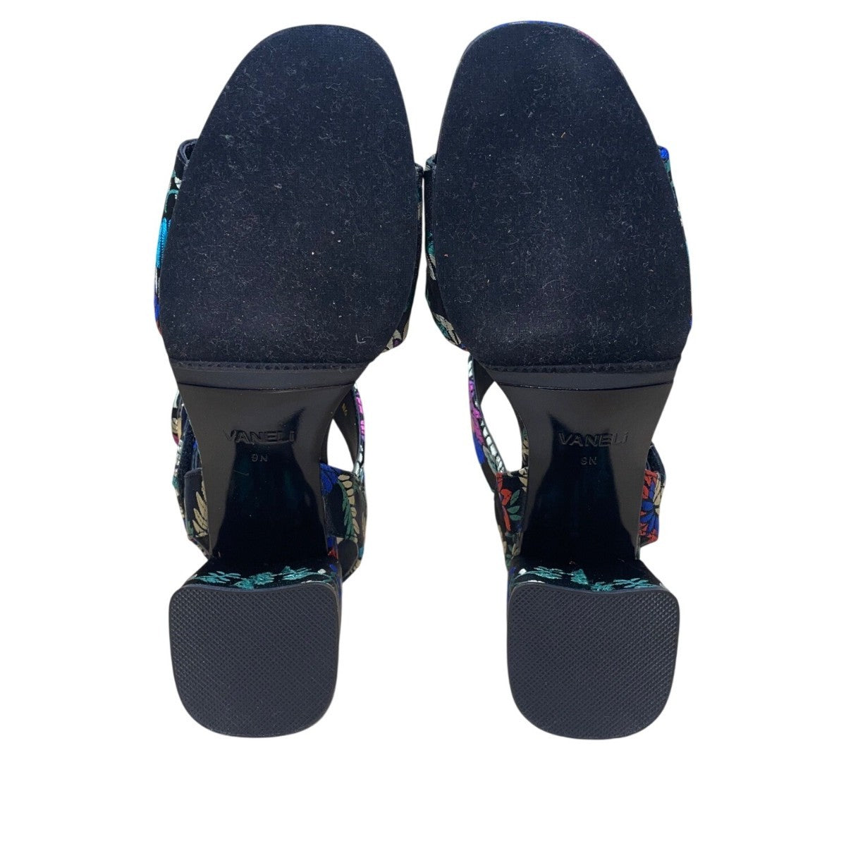 Vaneli Women’s Black Floral Embroidered Open Toe Block Heel Sandals Size 9N