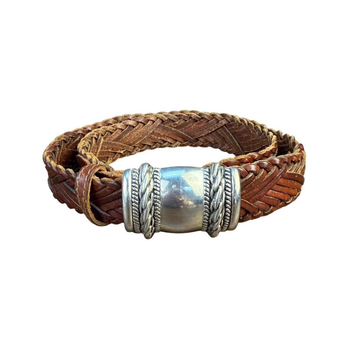 Ann Taylor Womens Brown Genuine Leather Braided Belt Silver-Tone Buckle Accents