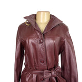 Tfc Women Maroon 100% Genuine Leather Belted Trench Coat Lined With Rayon Sz 8
